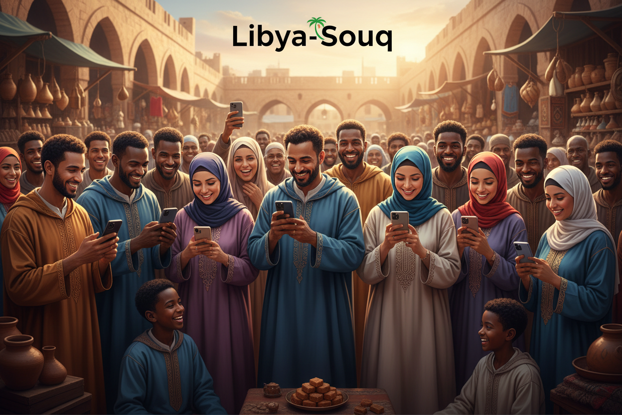 libyan pepole shoping by phone with logo "Libya-Souq" on the top of image & midle